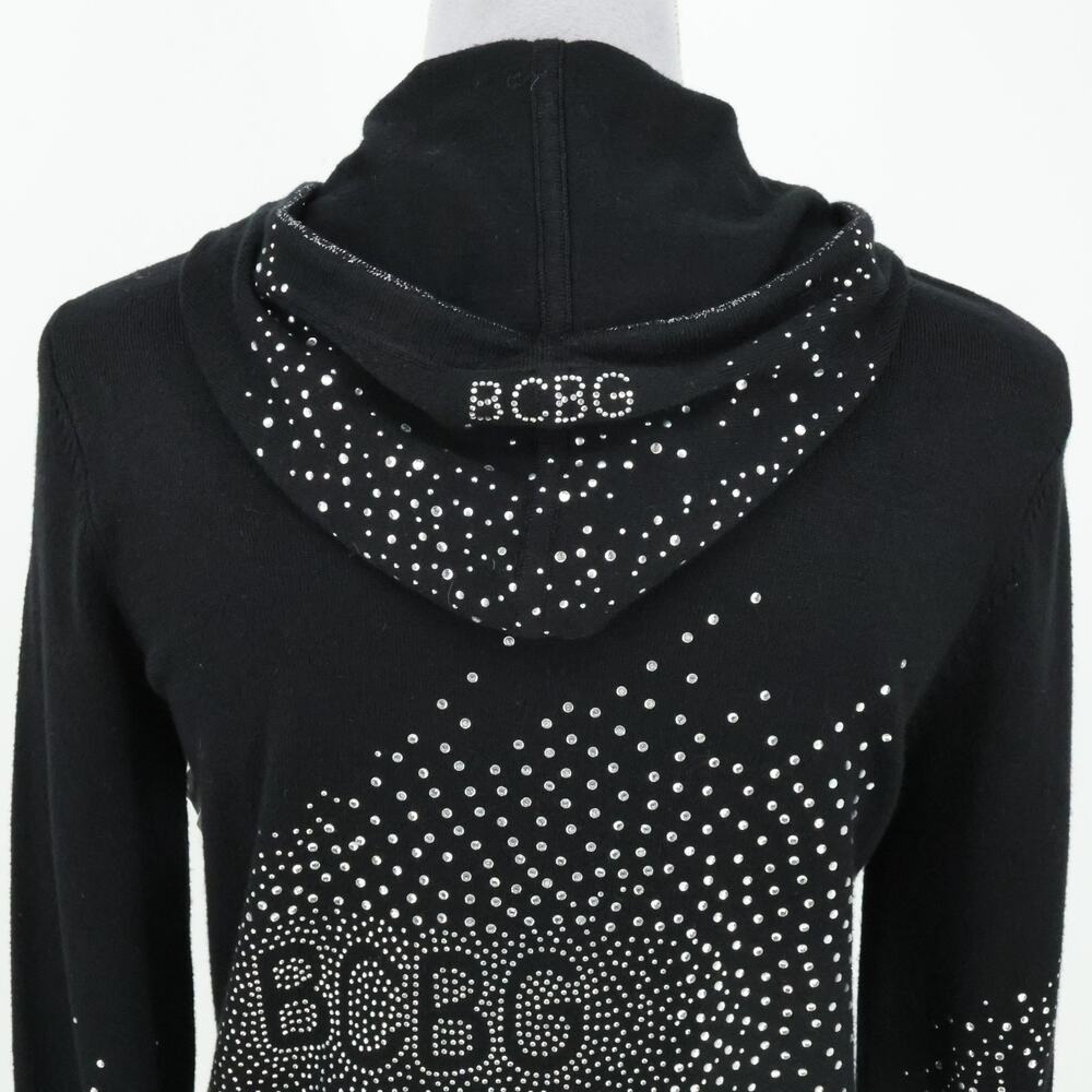 BCBG Max Azria Jacket Juniors Large Black Hooded Pockets Rhinestones Full Zip - Picture 8 of 16